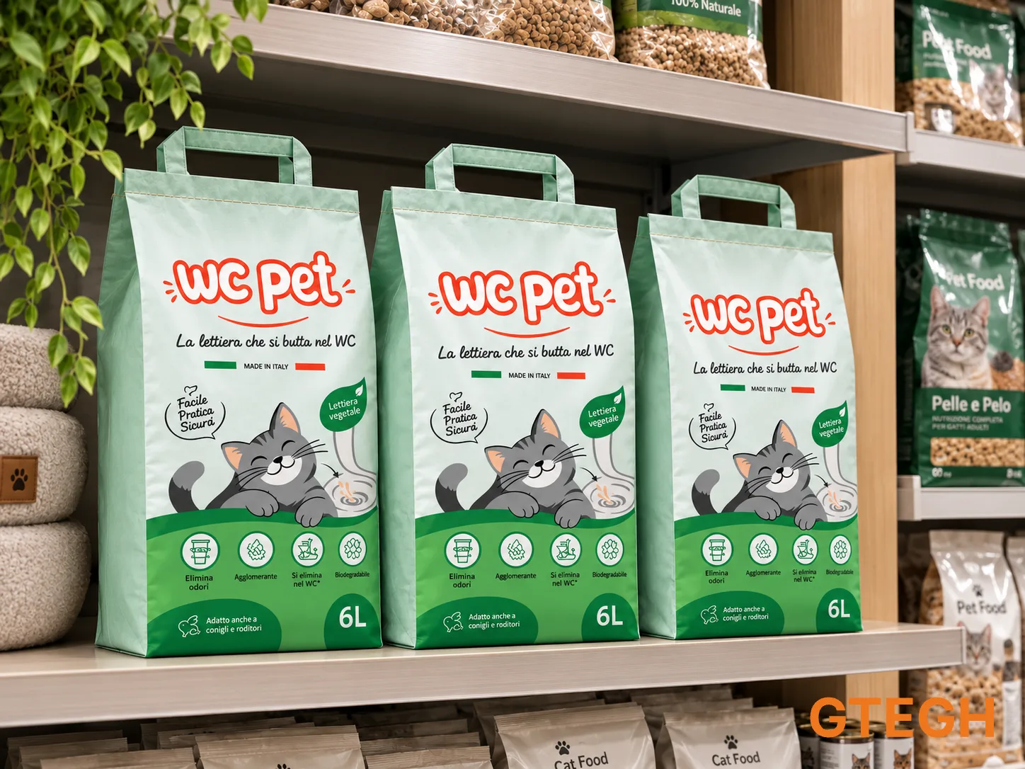 Esposizione di lettiere WC pet in negozio – Render progetto Cerberus S.r.l.