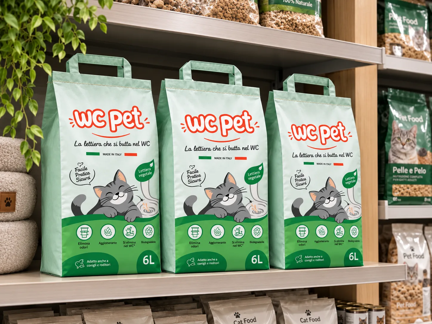 Esposizione di lettiere WC pet in negozio – Render progetto Cerberus S.r.l.
